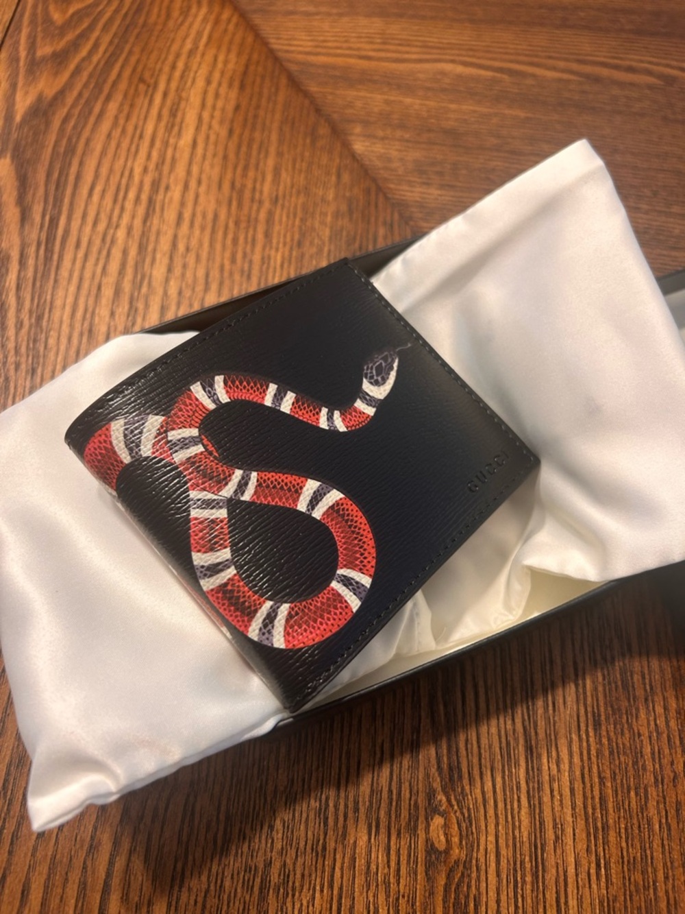 Gucci Black Leather Bi-Fold Wallet with Red & White Snake Print